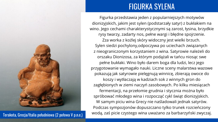 Figurka z terakoty przedstawia Sylena podstarzałego starca z z bukłakiem na wino, pochodzi z drugiej połowy piątego wieku